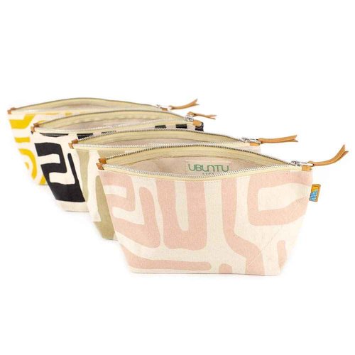 Ubuntu Life Kuba Pouch – Makeup & Toiletry Bag for Women Made with Natural Cotton Canvas, Stylish Cosmetic Bag with Kuba African Print (Black & Eggshell, Large)