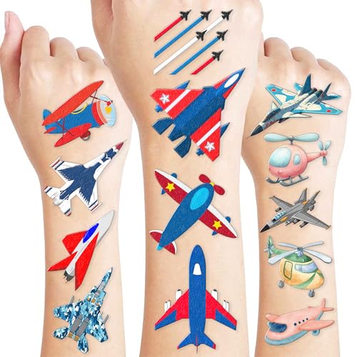 96PCS Airplane Temporary Tattoos Pre-Cut, Aviation Theme Birthday Party Decorations, Fighter Jet Plane Tattoo Stickers for Kids Boys Girls, Party Favors, School Gifts & Rewards