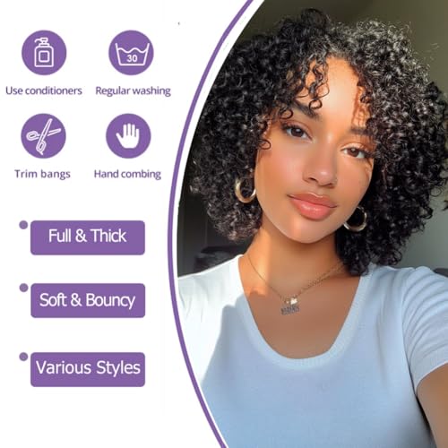 Kinky Curly 10 Inch Human Hair Wigs for Black Women - Wear and Go Glueless Short Wig with Natural Color - 100% Human Hair