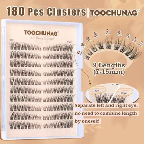 Natural Lash Clusters Wispy Eyelash Clusters C Curl Left&Right Cluster Eyelashes Extensions 180pcs Cluster Lashes DIY Individual Lash Extension Thin Band Cat Eye Lashes by TOOCHUNAG