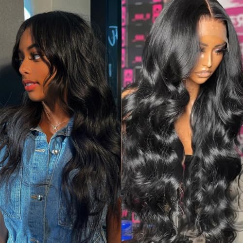 13x6 Body Wave Lace Front Wigs Human Hair Pre Plucked 200% Density HD Transparent Lace Frontal Wigs Human Hair With Baby Hair Natural Black 26 Inch