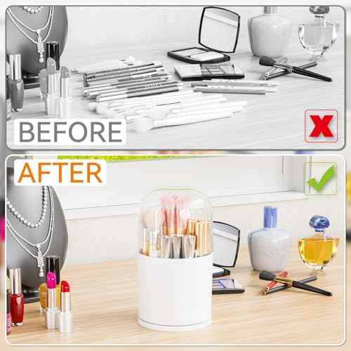 Yieach Rotating Acrylic Makeup Brush Holder with Lid for Vanity,Bathroom,Countertop,Covered Makeup Brushes Organizer,Round Spinning Cosmetic Brushes Holder and Make up Brush Storage with Cover,White