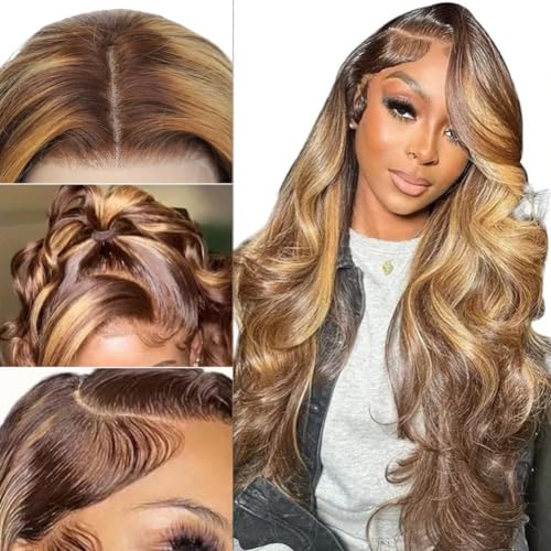 Human Hair Wig 22 Inch 13x4 Ombre Body Wave Lace Front Wigs Human Hair Honey Blonde Wig Pre Plucked with Baby Hair 200 Density 4/27 Highlight Glueless Human Hair Wigs for Black Women