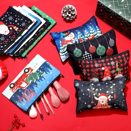 Abbylike 40 Pcs Christmas Gift Makeup Bags Buffalo Plaid Holiday Cosmetics Bag with Zipper Xmas Gnomes Elk Snowman Goodie Portable toiletry Pouch with Dwarf Santa Claus for Women Travel