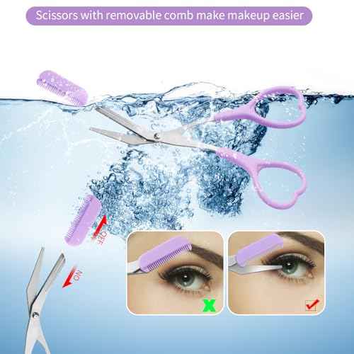 Eyebrow Scissors with Eyebrow Razor,Eyebrow Trimmer with Comb,Non Slip Finger Grips Trimmer Eyebrow Scissors, Hair Removal Beauty Accessories for Men Women (Light Pink, Green, Purple)