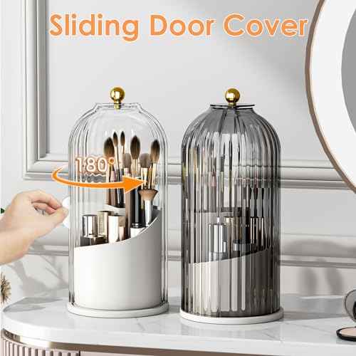 Makeup Brush Holder with Lid 360 Rotating Clear Dustproof Make Up Organizers for Vanity Bathroom Countertop, Transparent