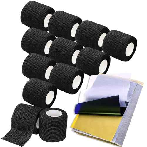 Tattoo Grip Tape and Transfer Paper Kit - 49Pcs Tattoo Tape Stencil Paper Kit Includes 25Pcs Stencils Paper and 24Pcs Black Cohesive Self Adhesive Bandage Wrap¡¦