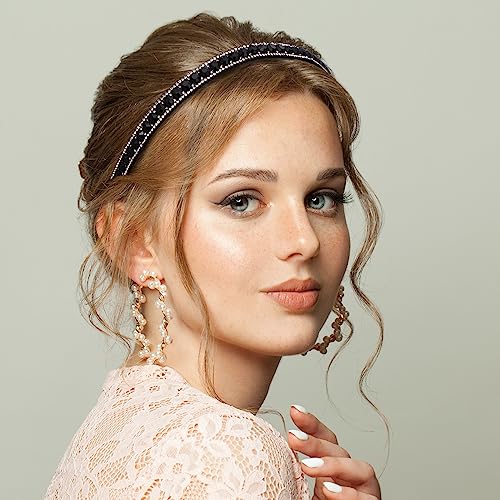 2 Pack Non-Slip Rhinestone Headbands for Women, Sparkling Crystal Hair Bands for Bridal Wedding, Bling Diamond Hair styling Clips Accessories for Girls- Black & White
