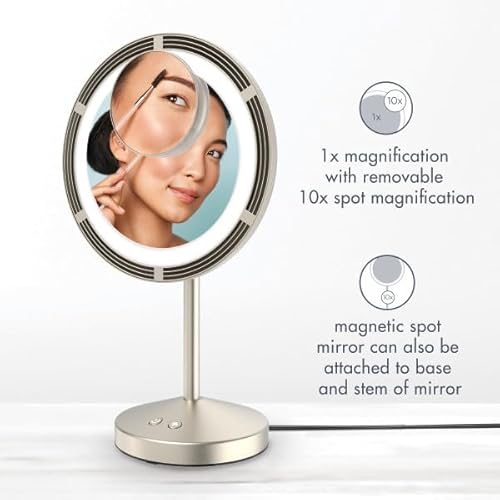 Conair LED-Lighted Fan Makeup Mirror with Spot Magnification, Vanity Mirror with Lights and Fan with 3 Settings, 6.3-Inch Viewing Area, Brushed Satin Nickel Finish