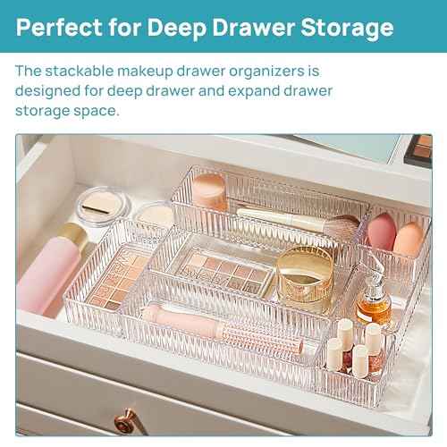 Vtopmart 7 PCS Clear Drawer Organizers Bins, 4-Size Stackable Makeup and Vanity Drawer Organizer Trays, Acrylic Bathroom Drawer Storage Containers for Cosmetic, Office Supply, Kitchen Utensils Gadgets
