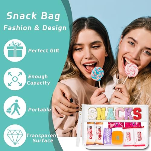 Clear Zipper Pouch PVC Waterproof Nylon Makeup Letter Bag for Women Girls Chenille Letter, for Travel, Cosmetic Bag, Snack Bags, Clear Stuff Bags, For Travel,£¨White-Snacks£©