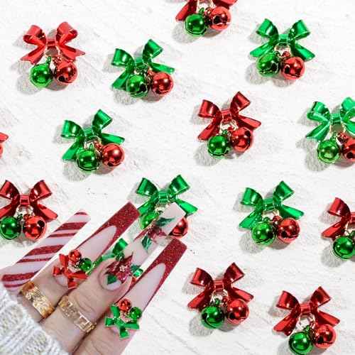 10 PCS Christmas Jingling Bell Nail Charms 3D Green Red Alloy Bells Bowknot Pendants Bell Dangle Nail Art Rhinestones for DIY Nail Art Craft