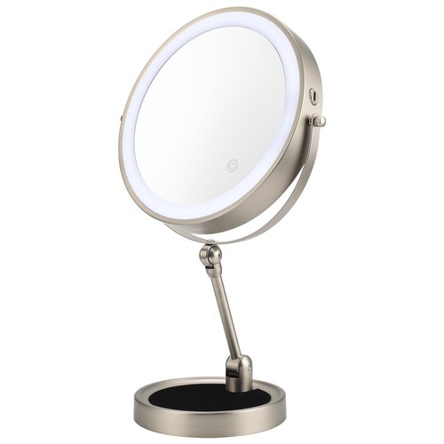 9" Lighted Makeup Mirror,1X/10X Magnifying Vanity Mirror with Height & Brightness Adjustable,Rechargable Makeup Mirror,360°Rotation Double Sided Standing Desk Mirror (Satin Nickel)