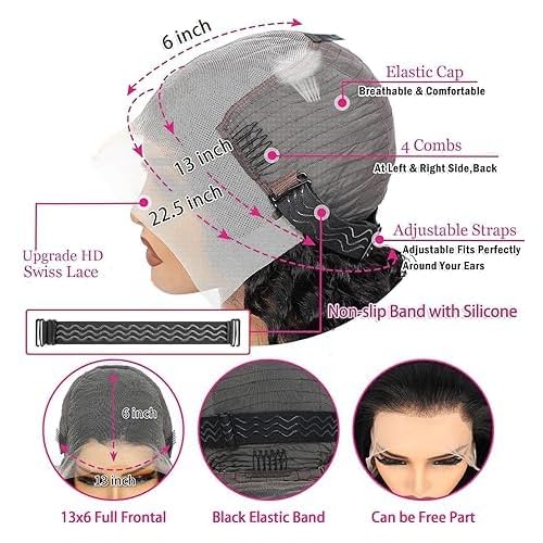 Water Wave 13x6 HD Transparent Lace Front Wigs Human Hair Pre Plucked Deep Wave Glueless Wigs Human Hair 180% Denisty Lace Frontal Wigs Human Hair for Women Natural Black Color 22 Inch