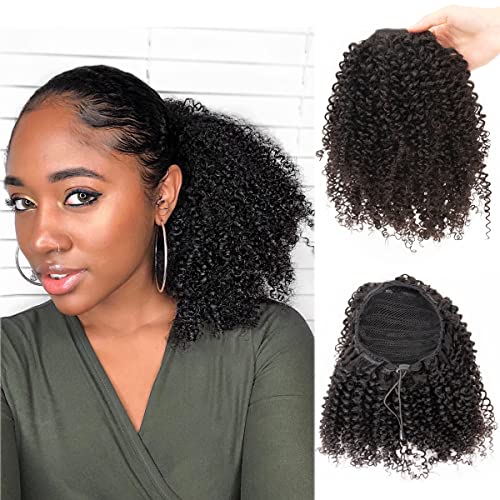 Afro Puff Drawstring Ponytail Human Hair 8a Brazilian Virgin Hair 2 Clip In Natural Kinky Curly Puffs Updo Chignon Buns Extension for Black Women Girls 12 Inch #1B Natural Black
