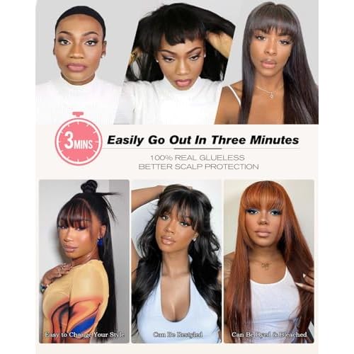 Straight Human Hair Wig with Bangs 4x6 Lace Closure Bang Wig 100% Burmese Virgin Human Hair Beginner Friendly Ready to Wear Glueless Wigs for Women 16 Inch