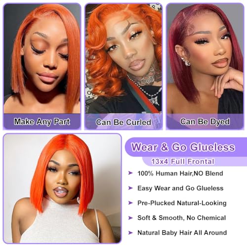 #350 Ginger Bob Lace Front Wig Human Hair 13x4 HD Transparent Lace Frontal Wigs Pre Plucked Short Straight Bob Wig for Black Women with Baby Hair 180% Density Brazilian Orange Ginger Wig 8 Inch
