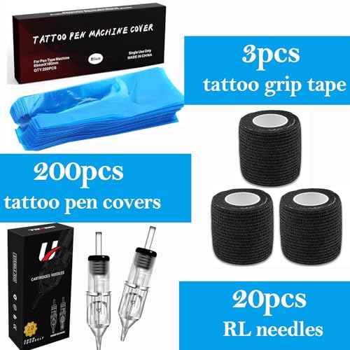 Urknall 223pcs Large Machine Covers with RL and Grip Cover Set, 20Pcs 1203RL 200Pcs Tattoo Pen Covers 3Pcs Grip Tape 1203RL Tattoo Pen Bags Blue Tattoo Pen Sleeves For Tattoo Kit Tattoo Supplies