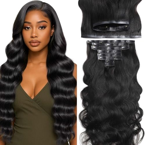 Lacer Body Wave Clip in Hair Extensions Real Human Hair, Seamless 22 Inch 7 Pcs 115g Wavy Human Hair Clip in Extensions for Women Natural Black