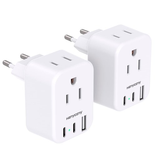 HANYCONY European Plug Adapter, International Power Adapter, US to Europe Adapter Plug 2 Outlets 3 USB Ports(2 USB C), Type C Plug Adapter to Italy Spain France Portugal Iceland Germany