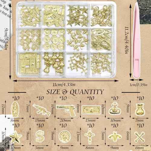 BELICEY 120Pcs 3D Gold Nail Charms, 12Styles Alloy Dollar Gun Coin Nail Art Charms, Golden Punk Star Cross Virgin Mary Charms for Nails, Mix Nail Jewelry Rhinestones for Nails Design Manicure Crafts