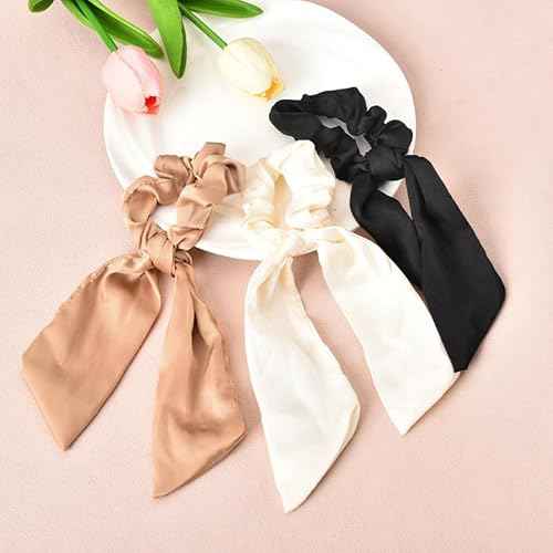 Silky Satin Hair Scarf Scrunchies with Ribbon Tails - Elastic Ponytail Holders for Women and Girls in Black, White, Beige for Thick and Thin Hair, 3PCS