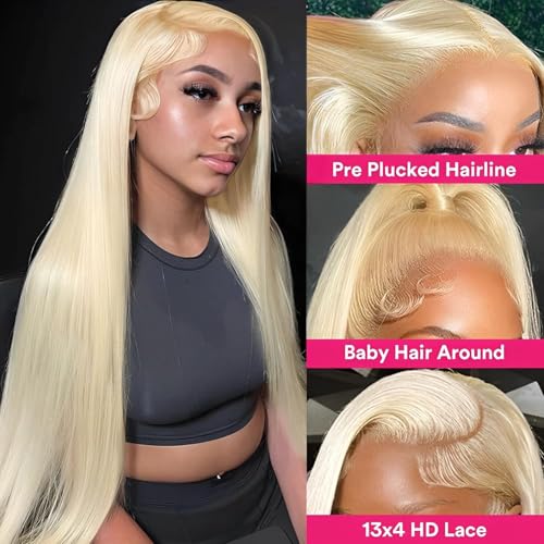 613 Lace Front Wig Human Hair 30Inch 613 HD Lace Frontal Wig 210% Density 13x4 Blonde Lace Front Wigs 12A Long Straight Human Hair Wig Glueless Wigs Pre Plucked with Baby Hair for Women
