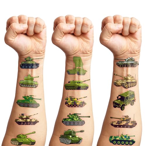 100 PCS Tank Military Temporary Tattoos Themed Birthday Party Decorations Favors Supplies Decor Army Camo Camouflage Soldier Tattoo Stickers Gifts For Game Boys Girls Classroom School Prizes Christmas
