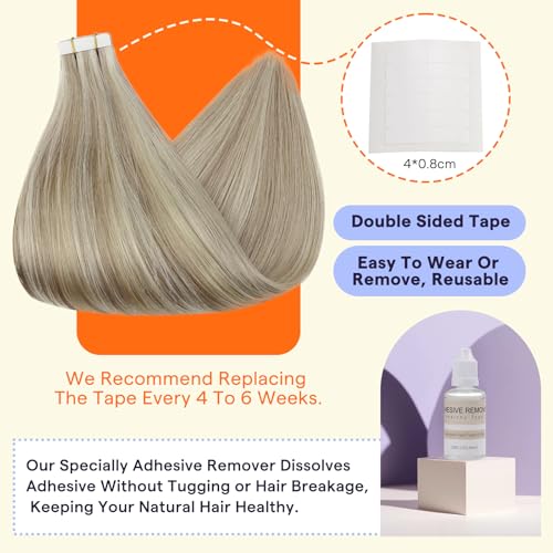 Full Shine Tape in Extensions Human Hair 24 Inch Hair Extensions Real Human Hair Color 18 Fading to 613 Ash Blonde Highlight Tape in Extensions 50g Invisible Hair Extensions Tape Ins 20Pcs
