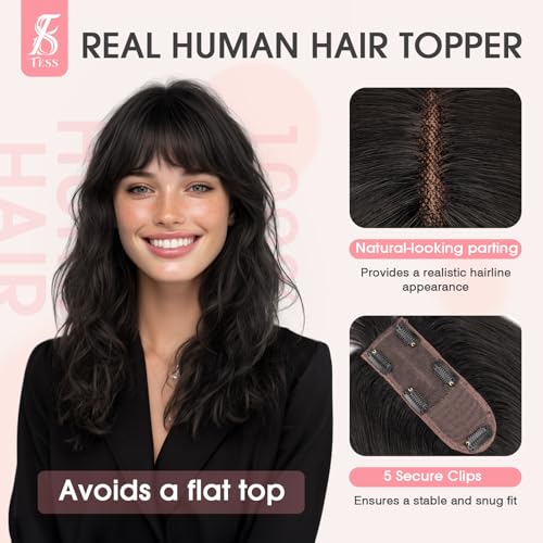 TESS Real Hair Toppers for Women Handmade Lace Base Womens Clip In Hairpieces with Bangs 5 Clips Natural Coverage Soft and Secure 2¡¿6", Nature Black