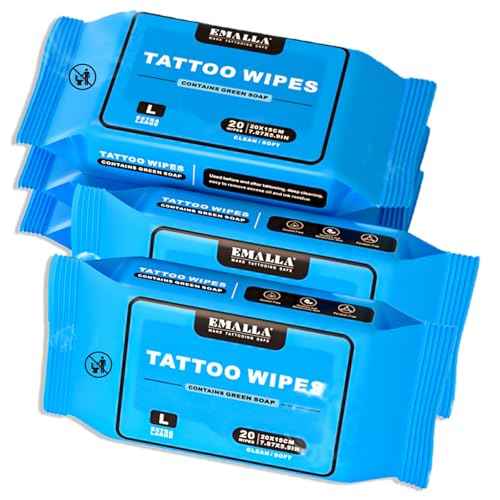 Emalla Green Soap Tattoo Wipes, 100 Count L All in One Premium Cleaning Wipes to Clean Skin During Tattooing and Aftercare 7.87"x5.9" Natural Formula Tattoo Supplies (5 Pack)