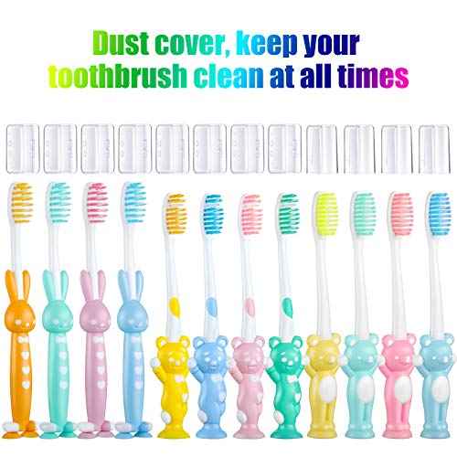 Patelai 12 Pcs Toddler Toothbrush for Age 2 up, Kids Toothbrush Set with Covers, Soft Children Manual Brushes Bulk with Suction Cup for Upright Storage, Rabbits and Bears Brushes for Travel