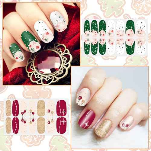 WOKOTO 12 Sheets 168pcs Christmas Nail Polish Stickers Full Nail Wraps for Gel Polish Strips for Women Christmas Nail Stickers Christmas Tree Snow Man Nail Polish Strips Nail Gel Stickers for Nails