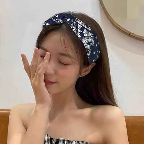 Guqqeuc Knotted Bandana Headband Paisley Boho Hairband for Women Girls Pattern Turban Head Bands for Women Wide Twist Hair Bands for Short Long Hair Accessories, Navy Blue