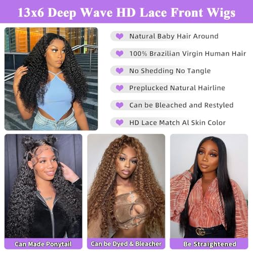 Deep Wave Lace Front Wigs Human Hair 13x6 HD Lace Frontal Wigs Human Hair Pre Plucked 200 Density Deep Curly Glueless Wigs Human Hair For Women Natural Black 20 Inch