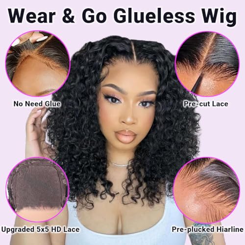 Curly Bob Wig Human Hair Water Wave Glueless Wigs Human Hair Pre Plucked Pre Cut 5x5 HD Lace Closure Wigs Human Hair Wear and Go Glueless Wigs For Black Women Water Wave Bob Wig Human Hair 12 inch