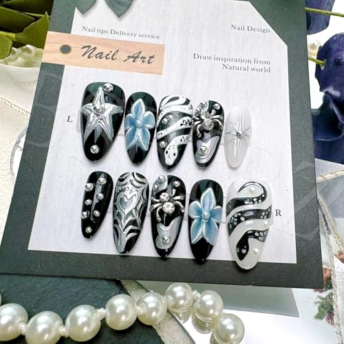 30pcs Snake Press On Nails Medium Length Almond Flower Fake Nails with 3D Spider Web Rhinestone Design,Designer Press On Star Pattern Gothic Punk Dark Black Silver Y2k Style,Acrylic Nail Set for Women
