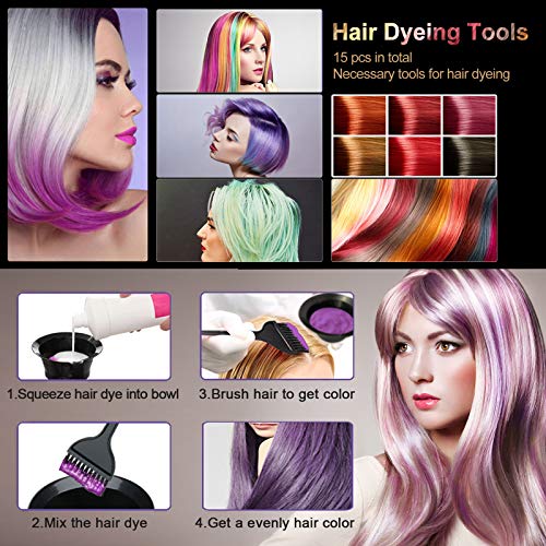 15 Pcs Hair Dye Coloring Kit, Hair Coloring Dyeing Bleaching DIY Salon Tool, Hair Tinting Bowl/Dye Brush/Mixing Spoon/Ear Cover/Gloves/Tint Comb Hair Dye Kit (Black)