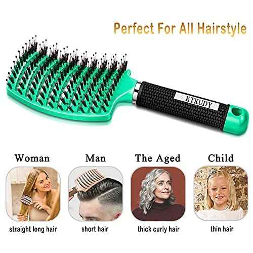 KTKUDY Detangling Brush Boar Bristles Hairbrush Make Hair Shiny & Healthier Curved and Vented Detangler Brush for Women Men Kids Wet & Dry Hair (Light green)