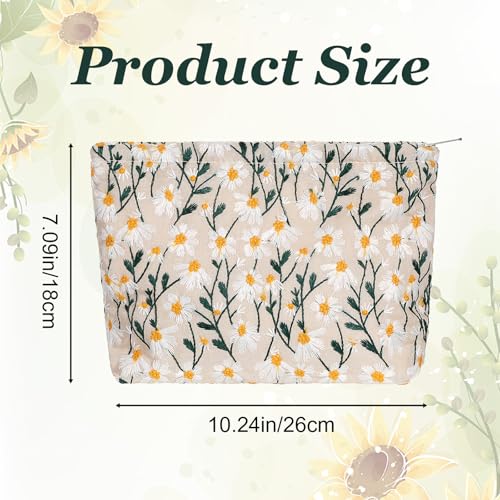 Cosmetic Bags Embroidery Daisy Flower Makeup Bag Large Travel Canvas Make Up Organizer Tool Pouch Cute Floral Cosmetic Bag Portable Purse Zipper Storage Toiletry Essential Pouch for Women Girls Gifts