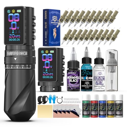 Wormhole Tattoo Gun Kit Wireless Tattoo Machine Kit ? 7 Adjustable Stroke, Dual 2300mAh Batteries, Smart Display with Timing Function, 3 Modes (Normal/Jump-Start/Dot Work), for Lining & Shading