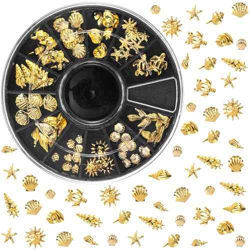 Ocean Theme Nail Art Charms, Sea Beach Starfish Seashell Nail Charm Decals, 3D Alloy Nail Gems Decoration Stickers for Manicure DIY Embellishments 12 Style- Gold