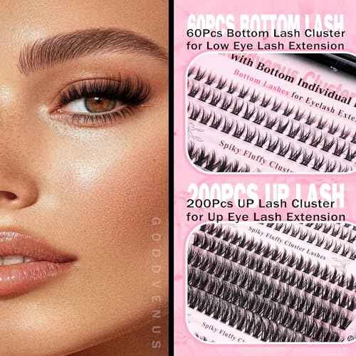 Wispy Lash Clusters Kit Cluster Eyelash Extensions Natural Lash Extension Kit C Curl Fluffy Individual Eyelashes with Bottom Lashes Clusters Waterproof Bond and Seal DIY at Home