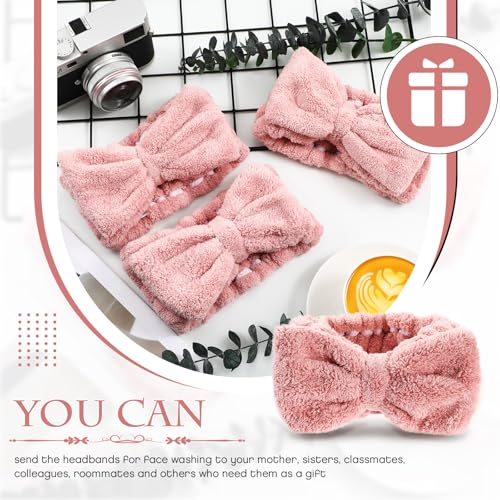 Yunlly 20 Pcs Spa Headband for Women 4 Inches Width Facial Makeup Hair Band Bulk Skincare Headbands for Washing Face Bowtie Slumber Party Supplies Fluffy Head Wraps(Rose Pink)