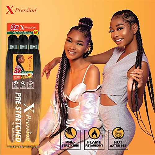 Sensationnel X-pression prestretched braiding hair - 3x braid 58 inch all kanekalon flame retardant synthetic braid for box braids and twists (1 pack, 1B OFFBLACK)