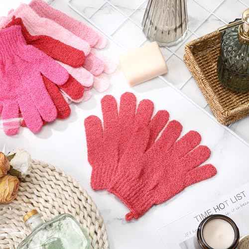 Cuffbow 90 Pcs 45 Pairs Exfoliating Double Sided Bath Gloves with Hanging Loop Colorful Body Shower Gloves for Men Women Beauty Spa Massage Shower Clean Skin Bathing Scrubber Accessories(Pink)