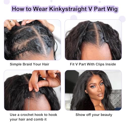 V Part Wigs Human Hair Kinky Straight Human Hair Wig Upgrade U Part Human Hair Wig for Black Women V Part Half Wigs Glueless Wear and Go No Leave Out No Sew In 180% Density Natural Color 20 inch