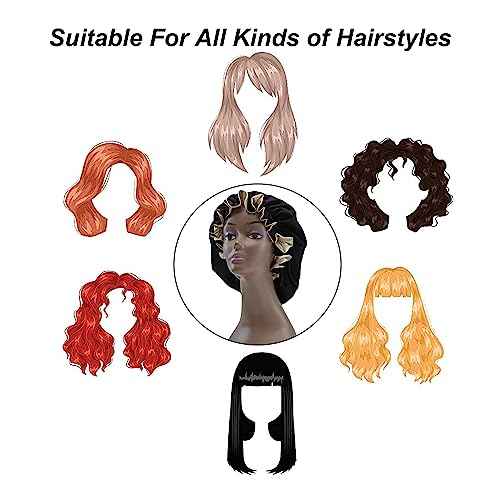 Silk Bonnet for Sleeping Satin Bonnets Double Layer Reversible Hair Cap Bonnet for Women Long Curly Braid Hair (Black)