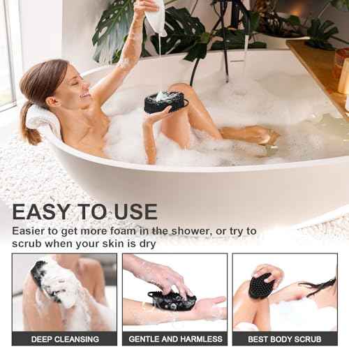 Metene Silicone Exfoliating Body Scrubber with Loop, Body Scrubber for Men and Women, Silicone Loofah for Shower, Soft Silicone for Shower and Bath Skincare Routine (Black)