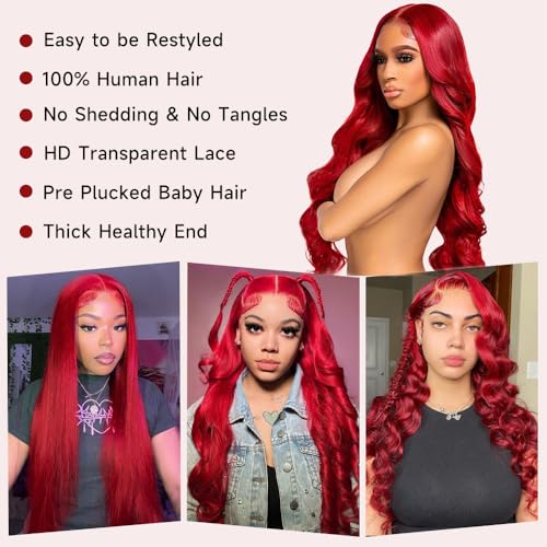 28 Inch Red Lace Front Wigs Human Hair 200% Density HD Lace Front Wig 13x4 Body Wave Lace Frontal Wigs Human Hair Pre Plucked Red Wig